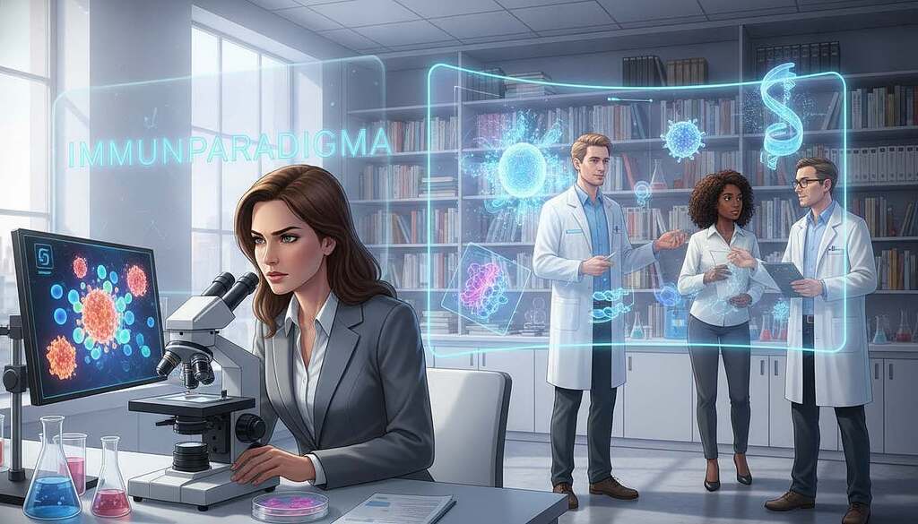 A conceptual illustration of "immunparadigma," featuring a diverse group of European scientists engaged in discussion and collaboration in a modern, bright laboratory setting. In the foreground, a focused female scientist in professional attire, examining cells under a microscope, symbolizes meticulous research. In the middle ground, a male scientist presents a digital model of the immune system on a screen, surrounded by interactive 3D models of immune responses, highlighting innovative ideas. The background showcases shelves filled with books and scientific journals, creating an atmosphere of intellectual exploration. The lighting is bright and clinical, emphasizing clarity and focus, while the overall mood is one of collaboration, innovation, and a forward-thinking approach to understanding immunity. The composition is balanced, conveying a sense of professionalism and progressiveness in the field of immunology. A conceptual illustration of "immunparadigma," featuring a diverse group of European scientists engaged in discussion and collaboration in a modern, bright laboratory setting. In the foreground, a focused female scientist in professional attire, examining cells under a microscope, symbolizes meticulous research. In the middle ground, a male scientist presents a digital model of the immune system on a screen, surrounded by interactive 3D models of immune responses, highlighting innovative ideas. The background showcases shelves filled with books and scientific journals, creating an atmosphere of intellectual exploration. The lighting is bright and clinical, emphasizing clarity and focus, while the overall mood is one of collaboration, innovation, and a forward-thinking approach to understanding immunity. The composition is balanced, conveying a sense of professionalism and progressiveness in the field of immunology.