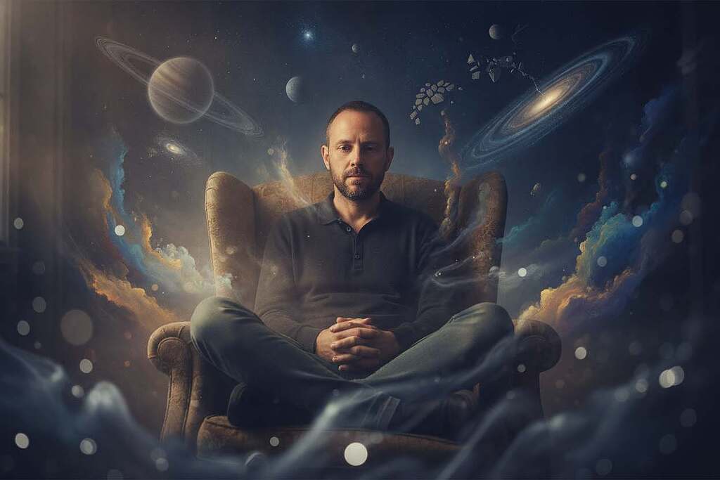A contemplative European individual sits in a dimly lit room, surrounded by an ethereal mist that symbolizes the fragility of reality. In the foreground, the person's face is illuminated by soft, warm light, showing a serene yet introspective expression, reflecting deep thought. The middle ground features abstract shapes representing thoughts and consciousness, with swirling colors that blend and fade into the background, illustrating the concept of solipsism. In the background, faint outlines of a distorted universe can be seen, reminiscent of an illusion, as if reality is bending around the figure. The atmosphere evokes a sense of mystery and introspection, with a slight fog enhancing the dreamlike quality. Use a shallow depth of field to focus on the individual, creating a soft bokeh effect on the surrounding elements.