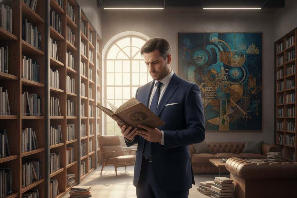 A contemplative European intellectual, dressed in professional business attire, stands in a modern yet rustic library filled with books. In the foreground, the individual holds an open book, gazing thoughtfully at the pages, symbolizing a deep engagement with knowledge and critical thought. Surrounding them, shelves of diverse books represent various fields of study, hinting at a universal quest for understanding. In the middle ground, a large window allows soft, natural light to cascade into the space, creating a warm and inviting atmosphere. In the background, abstract artwork depicting concepts of social development and moral independence hangs on the wall, enriching the scene with a sense of intellectual exploration. The overall mood conveys a blend of curiosity, critical reflection, and intellectual independence.