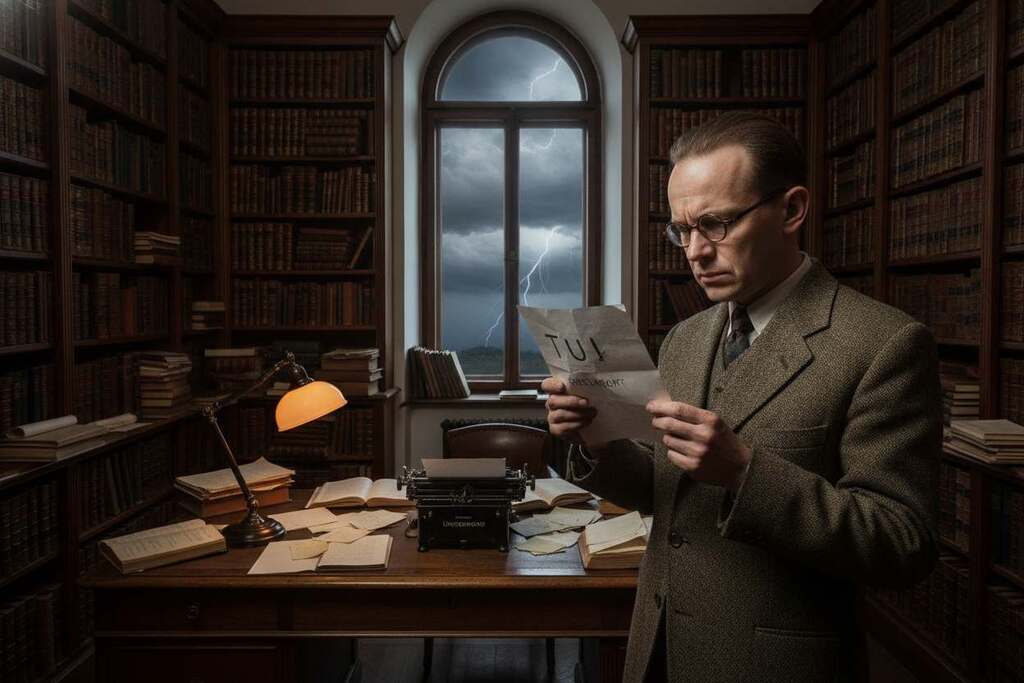 A contemplative European intellectual in mid-20th century attire, standing in a dimly lit study filled with books and manuscripts, symbolizing the depth of Bertolt Brecht's Tui concept. In the foreground, the figure holds a piece of paper, deep in thought, with a furrowed brow reflecting the tension between intellect and societal expectations. In the middle ground, a large wooden desk cluttered with notes and a vintage typewriter, illuminating the space with warm, soft light. In the background, shelves lined with classic literature and a window revealing a stormy sky, creating a mood of introspection and struggle. The angle is slightly elevated to capture the ambiance, with focus on the intellectual’s expression, encapsulating the essence of Brecht's critique on intellectual adaptation.