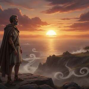 A contemplative figure resembling Odysseus stands at the forefront on a rocky cliff, gazing towards a distant horizon where the sun sets, casting a warm golden glow across the sea. He is dressed in modest, ancient Greek attire, symbolizing both traveler and philosopher. In the middle ground, lush greenery and rugged cliffs represent the tumultuous journey filled with trials and revelations. Ethereal wisps of mist rise from the ocean, hinting at the guidance of the gods and the mysteries of self-discovery. The background features a dramatic sky transitioning from vibrant oranges to deep blues, with swirling clouds that evoke a sense of epic adventure and introspection. The scene is illuminated by soft, diffused lighting to create a tranquil yet profound atmosphere, inviting the viewer into the realm of consciousness and self-exploration.