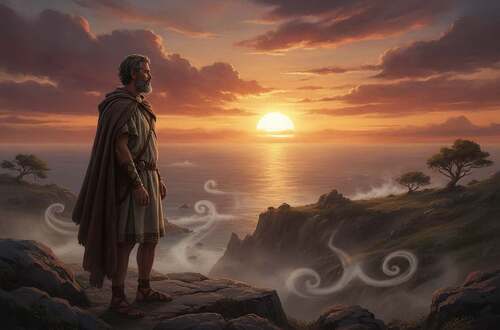 A contemplative figure resembling Odysseus stands at the forefront on a rocky cliff, gazing towards a distant horizon where the sun sets, casting a warm golden glow across the sea. He is dressed in modest, ancient Greek attire, symbolizing both traveler and philosopher. In the middle ground, lush greenery and rugged cliffs represent the tumultuous journey filled with trials and revelations. Ethereal wisps of mist rise from the ocean, hinting at the guidance of the gods and the mysteries of self-discovery. The background features a dramatic sky transitioning from vibrant oranges to deep blues, with swirling clouds that evoke a sense of epic adventure and introspection. The scene is illuminated by soft, diffused lighting to create a tranquil yet profound atmosphere, inviting the viewer into the realm of consciousness and self-exploration.