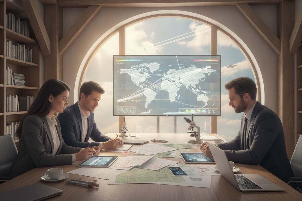A detailed analysis of chemtrails and geoengineering is depicted in a layered composition. In the foreground, a focused group of European professionals, dressed in smart business attire, examine a range of scientific documents and maps spread on a table. The middle ground features a large screen displaying intricate data visualizations of atmospheric models and chemtrail patterns. In the background, a cloudy sky hints at the concepts of geoengineering, with subtle outlines of airplanes leaving trails that dissolve into the atmosphere. The scene is illuminated by soft, natural light from a nearby window, adding a calm and scholarly mood. The perspective is slightly elevated, capturing both the intricate details on the table and the broader atmospheric themes, inviting viewers into a thoughtful exploration of the subject.