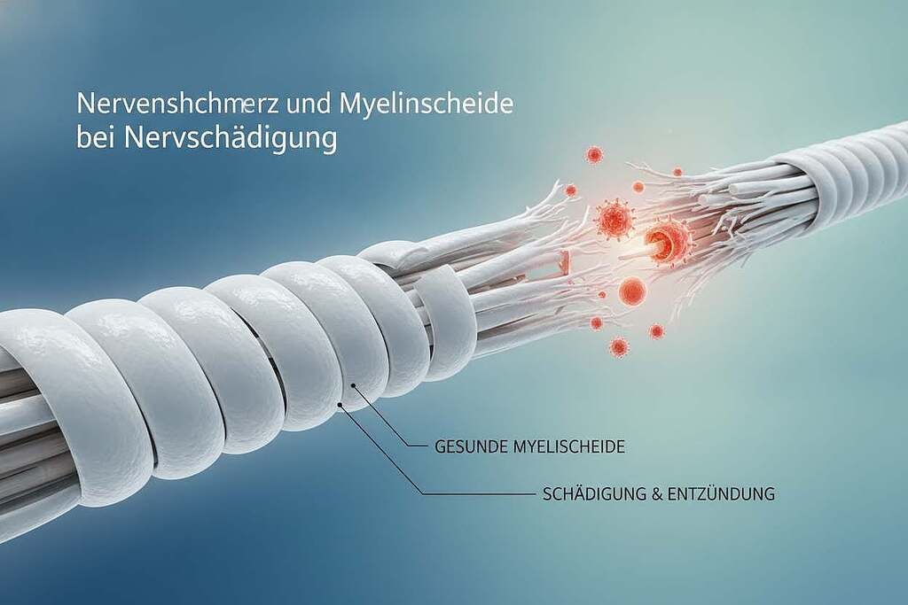 A detailed and educational illustration depicting "Nervenschmerz und Myelinscheide bei Nervenschädigung." In the foreground, a close-up of a human nerve, showing the myelin sheath in vivid detail, emphasizing its structure and condition. In the middle, an anatomical representation of damaged nerves, complete with inflammation indicators, to highlight the contrast between healthy and affected areas. The background should feature a soft-focus gradient of blues and greens, evoking a sense of calm and healing. Use natural lighting to simulate a scientific laboratory setting, enhancing the clarity of the nerve structures. The overall atmosphere should be one of professionalism and education, suitable for an informative article. A detailed and educational illustration depicting "Nervenschmerz und Myelinscheide bei Nervenschädigung." In the foreground, a close-up of a human nerve, showing the myelin sheath in vivid detail, emphasizing its structure and condition. In the middle, an anatomical representation of damaged nerves, complete with inflammation indicators, to highlight the contrast between healthy and affected areas. The background should feature a soft-focus gradient of blues and greens, evoking a sense of calm and healing. Use natural lighting to simulate a scientific laboratory setting, enhancing the clarity of the nerve structures. The overall atmosphere should be one of professionalism and education, suitable for an informative article.