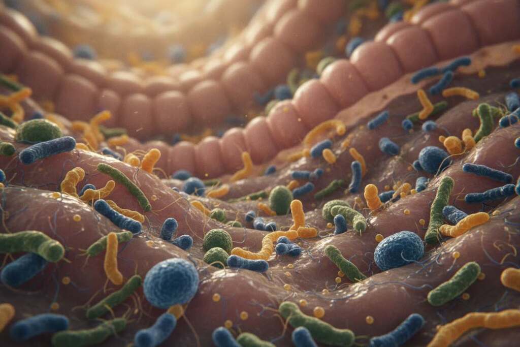 A detailed, close-up view of a healthy human gut with a vibrant, intricate microbiome ecosystem, showcasing diverse bacteria and microorganisms flourishing among the mucosal layer. In the foreground, portray colorful microorganisms with varying shapes and sizes, thriving in a moist, textured environment, emphasizing the complexity of the microbiome. The middle layer features the delicate intestinal lining, rich in detail, illustrating the interaction between microbes and gut mucosa. In the background, soft, diffused lighting enhances the scene, creating a warm, inviting atmosphere, reminiscent of natural biological processes. A slight depth of field effect should blur the background for focus on the microbiome. The image embodies a sense of balance and harmony within the gut ecosystem, reflecting the paradox of coexistence. A detailed, close-up view of a healthy human gut with a vibrant, intricate microbiome ecosystem, showcasing diverse bacteria and microorganisms flourishing among the mucosal layer. In the foreground, portray colorful microorganisms with varying shapes and sizes, thriving in a moist, textured environment, emphasizing the complexity of the microbiome. The middle layer features the delicate intestinal lining, rich in detail, illustrating the interaction between microbes and gut mucosa. In the background, soft, diffused lighting enhances the scene, creating a warm, inviting atmosphere, reminiscent of natural biological processes. A slight depth of field effect should blur the background for focus on the microbiome. The image embodies a sense of balance and harmony within the gut ecosystem, reflecting the paradox of coexistence.