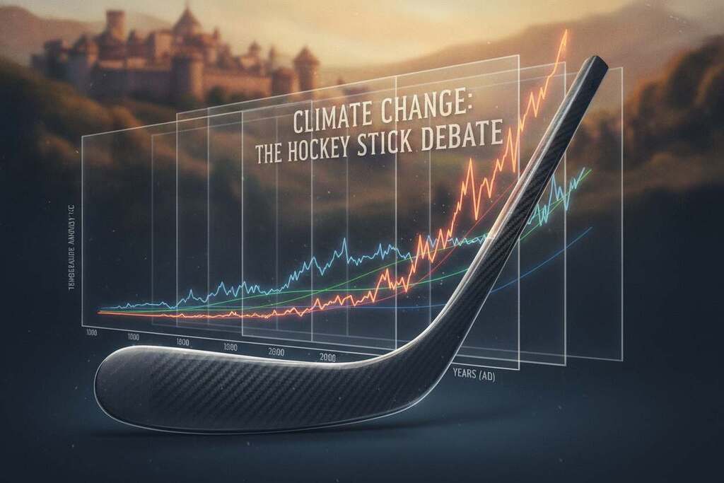 A detailed illustration of a hockey stick curve, representing the controversial hockey stick graph in climate discourse. In the foreground, depict a sleek, modern hockey stick with a pronounced curve, emphasizing its shape with realistic textures and reflective surfaces. In the middle ground, include layered graphs showcasing temperature data, with a distinct upward trajectory that conveys the dramatic climate changes discussed in historical contexts. The background features a subtle, blurred image of a medieval landscape, hinting at the Medieval Warm Period, with soft, warm lighting that contrasts with the cooler tones of the graphs. The atmosphere should evoke a sense of urgency and contemplation, highlighting the tension between historical climate patterns and current debates. A detailed illustration of a hockey stick curve, representing the controversial hockey stick graph in climate discourse. In the foreground, depict a sleek, modern hockey stick with a pronounced curve, emphasizing its shape with realistic textures and reflective surfaces. In the middle ground, include layered graphs showcasing temperature data, with a distinct upward trajectory that conveys the dramatic climate changes discussed in historical contexts. The background features a subtle, blurred image of a medieval landscape, hinting at the Medieval Warm Period, with soft, warm lighting that contrasts with the cooler tones of the graphs. The atmosphere should evoke a sense of urgency and contemplation, highlighting the tension between historical climate patterns and current debates.