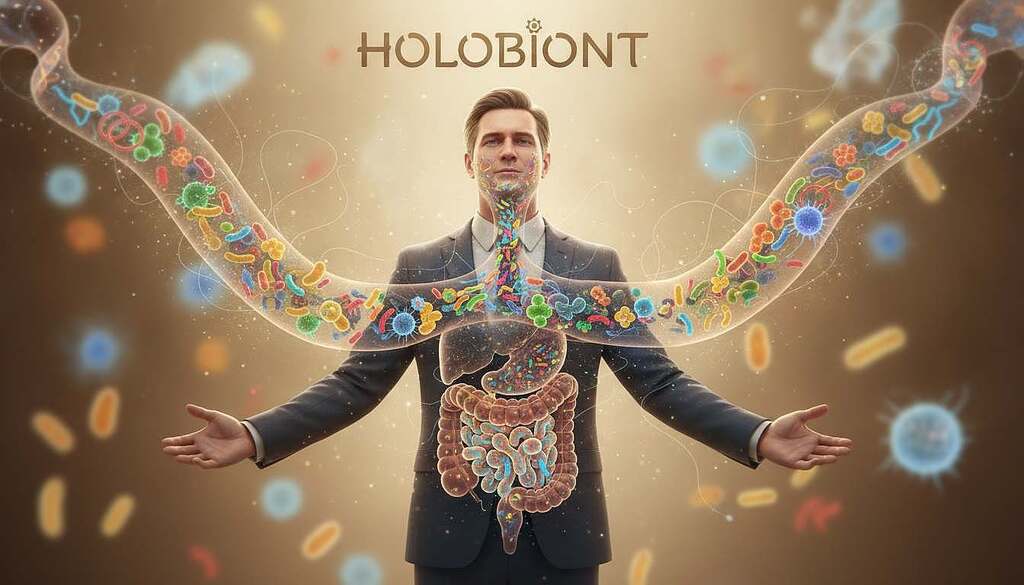 A detailed illustration of a human figure represented as a holistic ecosystem, showcasing the concept of "holobiont." In the foreground, a European person in professional attire stands with arms open, symbolizing connection and integration. The middle layer features a vivid depiction of the gut microbiome, with various microorganisms illustrated in vibrant colors, flowing through a stylized digestive system. The background shows a soft-focus representation of abstract cells and immune responses, creating a dynamic ecosystem within the human body. The scene is illuminated by warm, inviting lighting that highlights the intricate relationships between the human host and its microbiome. The atmosphere is contemplative and educational, aimed at reflecting the interconnectedness of human biology and microbial life. A detailed illustration of a human figure represented as a holistic ecosystem, showcasing the concept of "holobiont." In the foreground, a European person in professional attire stands with arms open, symbolizing connection and integration. The middle layer features a vivid depiction of the gut microbiome, with various microorganisms illustrated in vibrant colors, flowing through a stylized digestive system. The background shows a soft-focus representation of abstract cells and immune responses, creating a dynamic ecosystem within the human body. The scene is illuminated by warm, inviting lighting that highlights the intricate relationships between the human host and its microbiome. The atmosphere is contemplative and educational, aimed at reflecting the interconnectedness of human biology and microbial life.