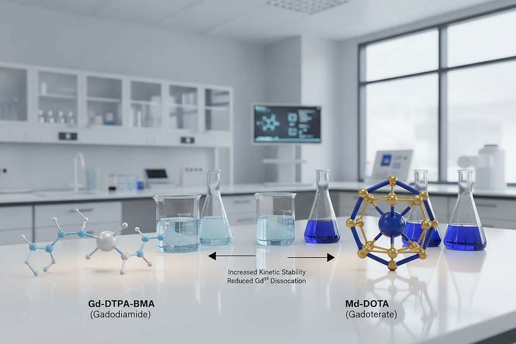 A detailed illustration showing different types of gadolinium-based contrast agents, emphasizing the contrast between linear and macrocyclic chelates. In the foreground, depict elegantly designed molecular structures of linear and macrocyclic chelates, highlighting their unique features. In the middle, incorporate scientific glassware displaying fluid samples of the contrast agents, with a soft glow reflecting off the glass. The background should feature a modern medical laboratory setting with soft, diffused lighting to create a calm and professional atmosphere. Utilize a photographic angle that captures the vibrancy of the molecular details while maintaining a clean, clinical aesthetic. Aim for a harmonious blend of clarity and sophistication, ensuring the overall mood conveys scientific precision and safety. A detailed illustration showing different types of gadolinium-based contrast agents, emphasizing the contrast between linear and macrocyclic chelates. In the foreground, depict elegantly designed molecular structures of linear and macrocyclic chelates, highlighting their unique features. In the middle, incorporate scientific glassware displaying fluid samples of the contrast agents, with a soft glow reflecting off the glass. The background should feature a modern medical laboratory setting with soft, diffused lighting to create a calm and professional atmosphere. Utilize a photographic angle that captures the vibrancy of the molecular details while maintaining a clean, clinical aesthetic. Aim for a harmonious blend of clarity and sophistication, ensuring the overall mood conveys scientific precision and safety.