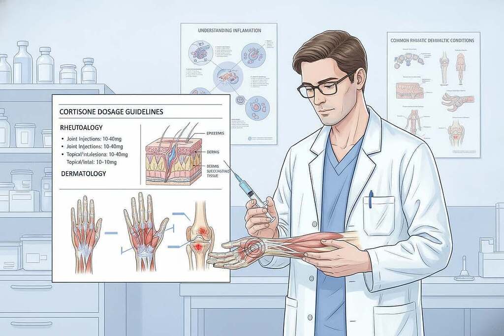 A detailed medical illustration depicting the administration of Cortisone dosage in the fields of Rheumatology and Dermatology. In the foreground, a focused European doctor in a white lab coat is demonstrating the dosage process using a syringe on a model of a human arm, showcasing proper technique. The middle ground features a chart displaying dosage guidelines and an anatomical diagram of the skin and joints indicating areas affected by treatment. The background includes a well-lit clinical setting with shelves of medical supplies and informative posters on the walls. The lighting is bright and clinical, emphasizing a professional atmosphere. The mood is educational and informative, ideal for a medical article.