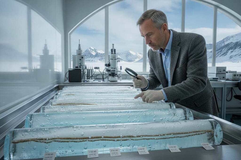 A detailed scientific illustration showcasing ice core samples representing climate history. In the foreground, focus on a cross-section of ice core samples, highlighting distinct layers of ice with bubbles trapped inside, portraying climate data visually. In the middle ground, include a European scientist in professional attire, examining the cores with curiosity, standing in a lab setting. The background should feature a large, well-lit window revealing a snowy landscape, enhancing the atmosphere of cold research and climate exploration. Use natural lighting to create a clean and bright environment, captured from a slightly elevated angle to give depth to the scene. The mood should convey seriousness and intrigue, emphasizing the importance of understanding climate history through these ice core samples. A detailed scientific illustration showcasing ice core samples representing climate history. In the foreground, focus on a cross-section of ice core samples, highlighting distinct layers of ice with bubbles trapped inside, portraying climate data visually. In the middle ground, include a European scientist in professional attire, examining the cores with curiosity, standing in a lab setting. The background should feature a large, well-lit window revealing a snowy landscape, enhancing the atmosphere of cold research and climate exploration. Use natural lighting to create a clean and bright environment, captured from a slightly elevated angle to give depth to the scene. The mood should convey seriousness and intrigue, emphasizing the importance of understanding climate history through these ice core samples.