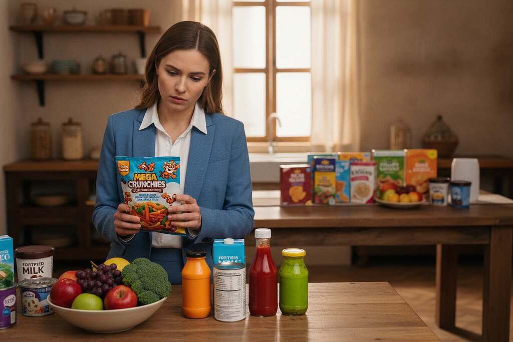 A detailed, visually captivating image depicting the everyday presence of flavor enhancers, colorants, and preservatives in food products. In the foreground, a European woman in professional attire is examining a variety of grocery items on a kitchen counter, with colorful packages and tins labeled with ingredients in plain sight. In the middle ground, various food products like sauces, snacks, and canned goods are displayed, each showcasing bright colors representing artificial additives. The background features a warm, inviting kitchen setting, with soft, diffused lighting that creates a cozy atmosphere. The focus is on the contrast between the vibrant packaging and the natural colors of fruits and vegetables nearby, emphasizing the health risks associated with additives.