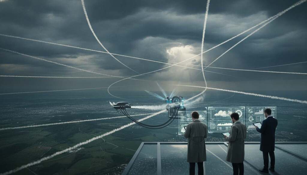 A dramatic aerial view of a sky filled with chemtrails, intersecting each other in complex patterns against a backdrop of dark storm clouds. In the foreground, a group of European scientists in professional business attire examines atmospheric data on portable devices, their expressions focused and serious. In the middle ground, a high-tech instrument that resembles a weather manipulation device is partially visible, connected to a drone in flight, releasing vapor trails into the atmosphere. The background features a vast landscape of rolling hills and distant cities, under a swirling sky that symbolizes the tension between nature and geoengineering. The lighting is a mix of natural sunlight breaking through the clouds and an ethereal glow emanating from the instrument, creating a moody and thought-provoking atmosphere.
