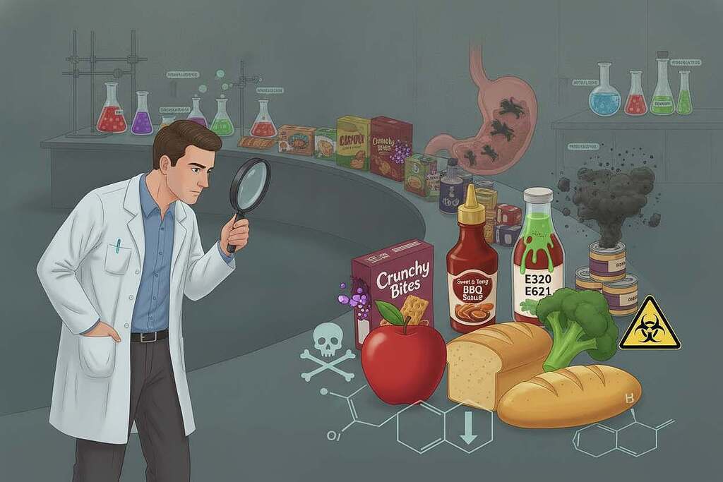 A dramatic and educational illustration depicting the health risks associated with toxic ingredients in food. In the foreground, a European scientist in professional attire examines a colorful array of food items and chemical symbols, symbolizing toxic additives. In the middle ground, various food products like processed snacks, bottled sauces, and canned goods are artistically arranged, some revealing hidden toxic ingredients. The background features a laboratory setting, with beakers and labels indicating harmful substances. Soft, diffused lighting highlights the scene, creating a thoughtful and serious atmosphere while casting gentle shadows. The angle is slightly elevated, providing a comprehensive view of the scene. The overall mood reflects concern for health and a call to awareness regarding food safety, without any text or distractions.