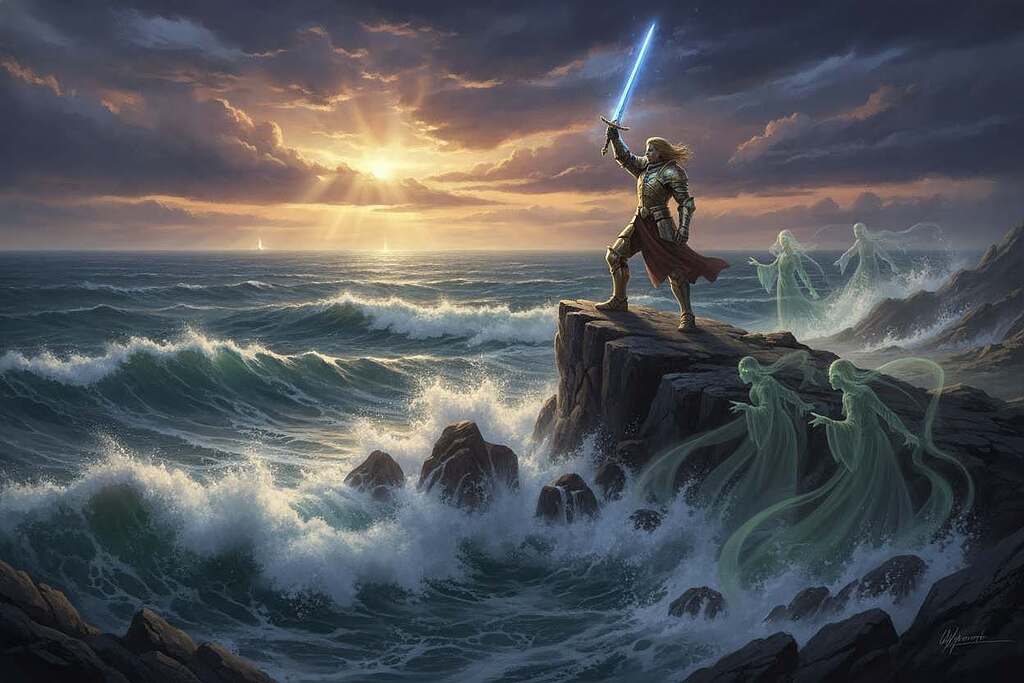 A dramatic scene depicting a mythical hero standing atop a rocky cliff overlooking a vast ocean, embodying themes of timeless wisdom and the quest for meaning. The hero, dressed in intricate armor that shines in the sunlight, holds a glowing sword aloft, symbolizing courage and strength. In the foreground, wild waves crash against the rocks, creating a sense of motion and urgency. The middle ground showcases ethereal figures representing ancient spirits, subtly intertwined with the mist rising from the sea, conveying the essence of guidance and knowledge. In the background, a majestic, stormy sky filled with vibrant hues of orange and purple reflects the tumultuous journey within the hero's mind. The lighting should be dramatic, with rays of sunlight breaking through the clouds, enhancing the heroic atmosphere. Overall, evoke a sense of awe and profound introspection.