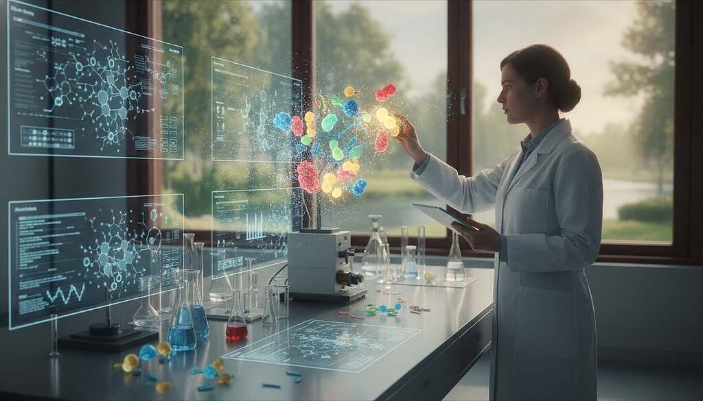 A dynamic representation of immunomodulation, showcasing a European scientist in a professional laboratory setting. In the foreground, the scientist, dressed in a white lab coat, is examining a colorful 3D model of the immune system, composed of vibrant, interconnected structures symbolizing immune cells and pathways. The middle ground features a sleek laboratory table with various scientific instruments, glassware, and glowing screens displaying complex data. In the background, a large window reveals a serene outdoor scene, merging nature with science, illuminated by soft, natural light that creates an inspiring atmosphere. The composition conveys a sense of exploration and innovation, emphasizing the interconnectedness of cells in a visually striking manner, while maintaining a clean, professional aesthetic. A dynamic representation of immunomodulation, showcasing a European scientist in a professional laboratory setting. In the foreground, the scientist, dressed in a white lab coat, is examining a colorful 3D model of the immune system, composed of vibrant, interconnected structures symbolizing immune cells and pathways. The middle ground features a sleek laboratory table with various scientific instruments, glassware, and glowing screens displaying complex data. In the background, a large window reveals a serene outdoor scene, merging nature with science, illuminated by soft, natural light that creates an inspiring atmosphere. The composition conveys a sense of exploration and innovation, emphasizing the interconnectedness of cells in a visually striking manner, while maintaining a clean, professional aesthetic.