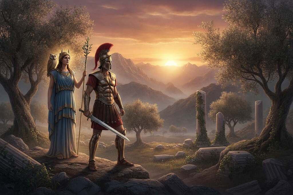 A dynamic scene illustrating heroic figures and gods from Homer's works, set in a mythical ancient Greek landscape. In the foreground, a noble hero stands confidently, clad in traditional Greek armor, wielding a gleaming sword, symbolizing bravery and the quest for knowledge. Beside him, a divine figure, perhaps Athena, exudes wisdom, adorned in flowing robes, with a radiant aura, emphasizing guidance and inspiration. In the middle ground, soft olive trees and crumbling marble ruins provide a sense of historical richness. The background features distant mountains under a golden sunset sky, casting a warm glow over the landscape. The atmosphere is one of adventure and reflection, capturing the essence of a timeless journey. Use soft, ambient lighting to enhance the ethereal quality of the scene, shot from a slightly low angle for dramatic impact.