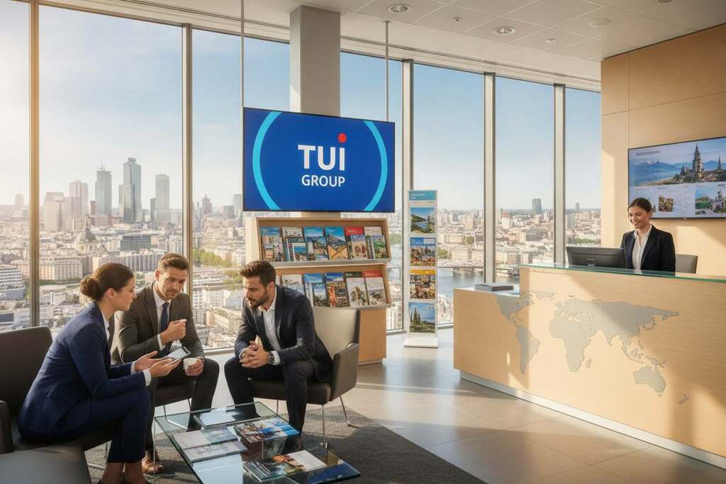 A European business setting showcasing a detailed reception area of a corporate office, emphasizing the TUI brand as a symbol of capitalism. In the foreground, a diverse group of professionals in business attire engages in discussion, their expressions thoughtful and analytical. In the middle ground, a large, sleek TUI logo is prominently displayed on a digital screen, surrounded by travel brochures highlighting various destinations. The background features a panoramic view of a bustling city skyline through large glass windows, symbolizing economic growth and opportunity. The lighting is bright yet warm, creating an inviting atmosphere. The scene captures a blend of modernity and professionalism, reflecting the essence of capitalism in the 21st century.