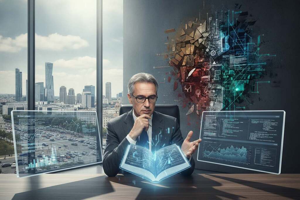 A European intellectual, dressed in professional business attire, is seated in a modern, sleek office environment filled with digital screens displaying various charts and data. In the foreground, the individual is engaged in a deep conversation with a holographic projection of a book that symbolizes knowledge, blending traditional and digital elements. The middle ground features a large window showcasing a cityscape, hinting at the bustling commercialization of ideas. The background is adorned with abstract art representing the clash between traditional intellect and modern commerce. The lighting is bright and focused, emphasizing the figure’s thoughtful expression, while soft shadows add depth to the scene, creating a contemplative yet dynamic atmosphere that reflects the tension of adaptation in the digital age.