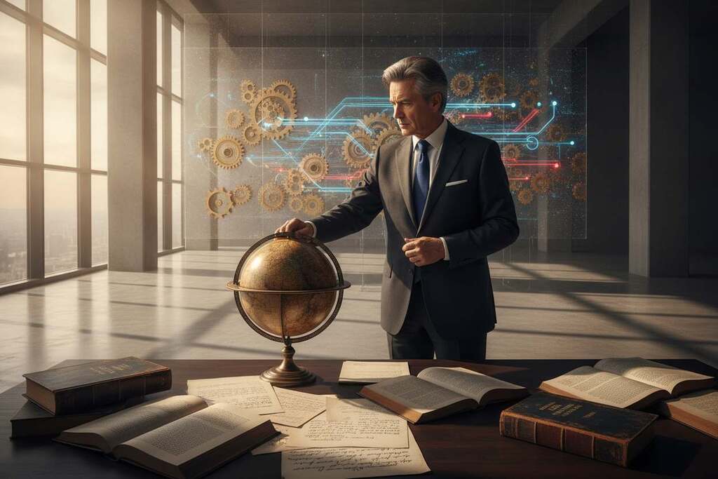 A European intellectual, dressed in professional business attire, stands thoughtfully in a large, modern office filled with symbolic elements of societal responsibility and power structures. In the foreground, a wooden desk holds scattered pages of unfinished manuscripts and books related to social critique. The middle ground features the intellectual pondering over an old globe, with light streaming through large windows that cast dramatic shadows, symbolizing the weight of societal expectations. In the background, abstract, layered representations of interconnected gears and flowing charts illustrate complex power dynamics. The atmosphere is contemplative yet urgent, with a warm golden light reflecting a sense of hopeful potential amid critical concerns of the 21st century.