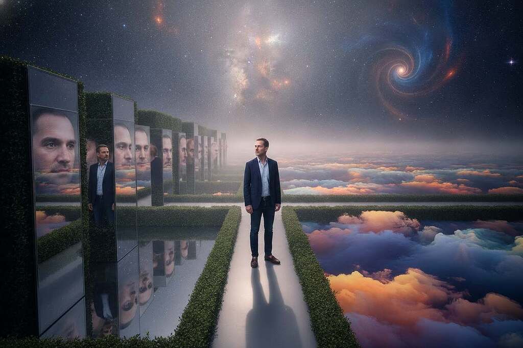 A European man in smart casual attire stands at a crossroads, symbolizing the choice between reality and illusion. In the foreground, a realistic, intricate maze stretches out with mirrors reflecting different versions of his image, representing various hypotheses. The middle ground features a surreal landscape with clouds shifting in color, suggesting the fluidity of perception. In the background, a starry sky merges with dreamlike abstract patterns, hinting at the universe's mysteries. Soft, ethereal lighting casts gentle shadows, creating an atmosphere of contemplation and intrigue. The overall mood is thought-provoking and slightly surreal, inviting viewers to ponder the nature of their reality. The image should be captured in a wide angle to emphasize the vastness of the scene.