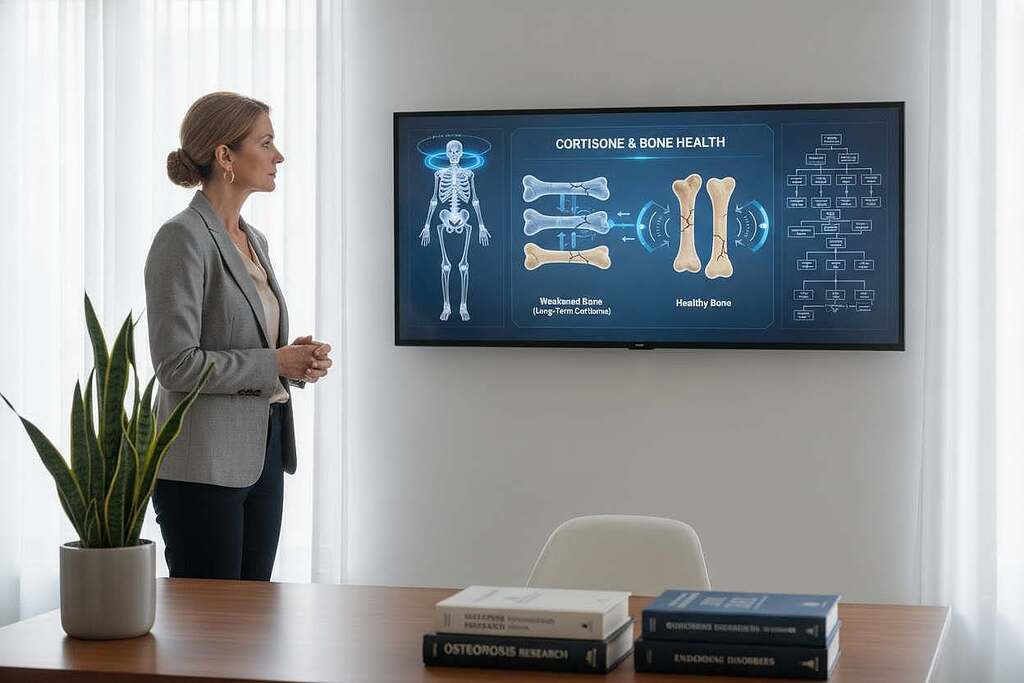 A European medical professional, a middle-aged woman in a smart casual outfit, observes skeletal structures and diagrams of bone metabolism on a large digital screen in a well-lit medical office. In the foreground, a detailed illustration shows the impact of long-term cortisone use on bone density, portraying animations of weakened bones juxtaposed with healthy bone structures. The middle ground features medical books and a healthy plant, suggesting a contrast between conventional and natural medicine approaches. The background consists of soft lighting from a large window, casting a natural glow. The mood is serious yet informative, emphasizing a clinical environment that conveys the significance of understanding the effects of cortisone on bone health.