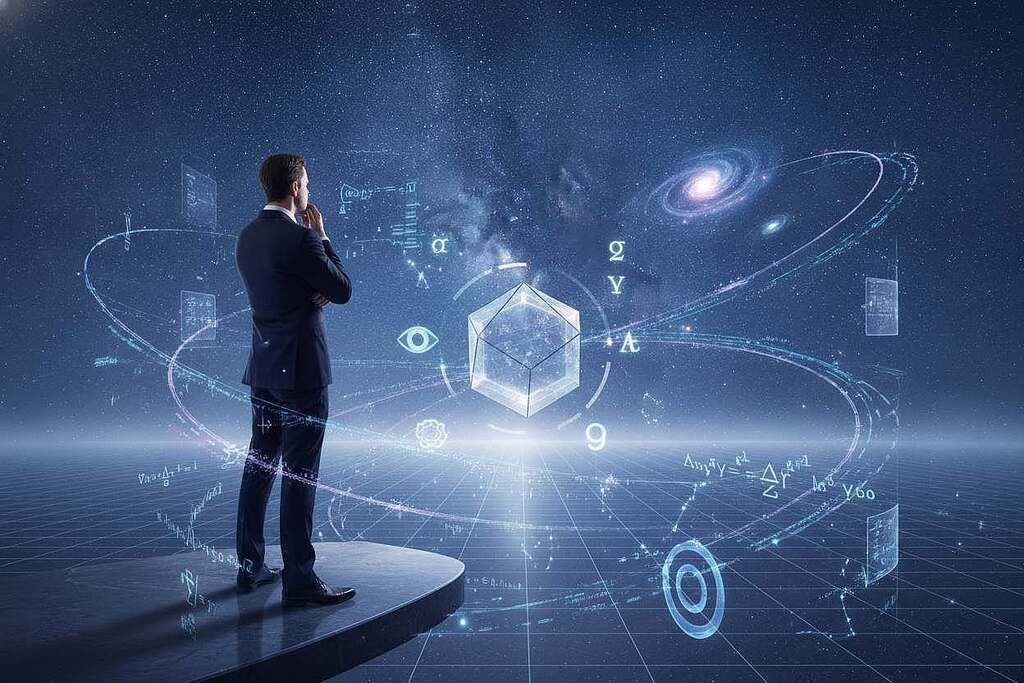 A European observer stands thoughtfully in an ethereal, twilight landscape, embodying the essence of physics and reality research. In the foreground, the observer, dressed in professional business attire, gazes towards complex holographic equations and abstract representations of time and space swirling around them. In the middle ground, a semi-transparent geometric structure symbolizes the concepts of parallel universes and the Matrix, while a diverse range of thought-provoking visual elements, like philosophical symbols and celestial bodies, float gracefully. The background showcases a starry sky merging with a digital grid, suggesting a boundary between reality and illusion. Soft, ambient lighting highlights the serene yet contemplative atmosphere, casting gentle shadows, and creating a thoughtful exploration of consciousness, perception, and hypothesis. The angle is slightly elevated, offering a panoramic view of this intriguing scene.
