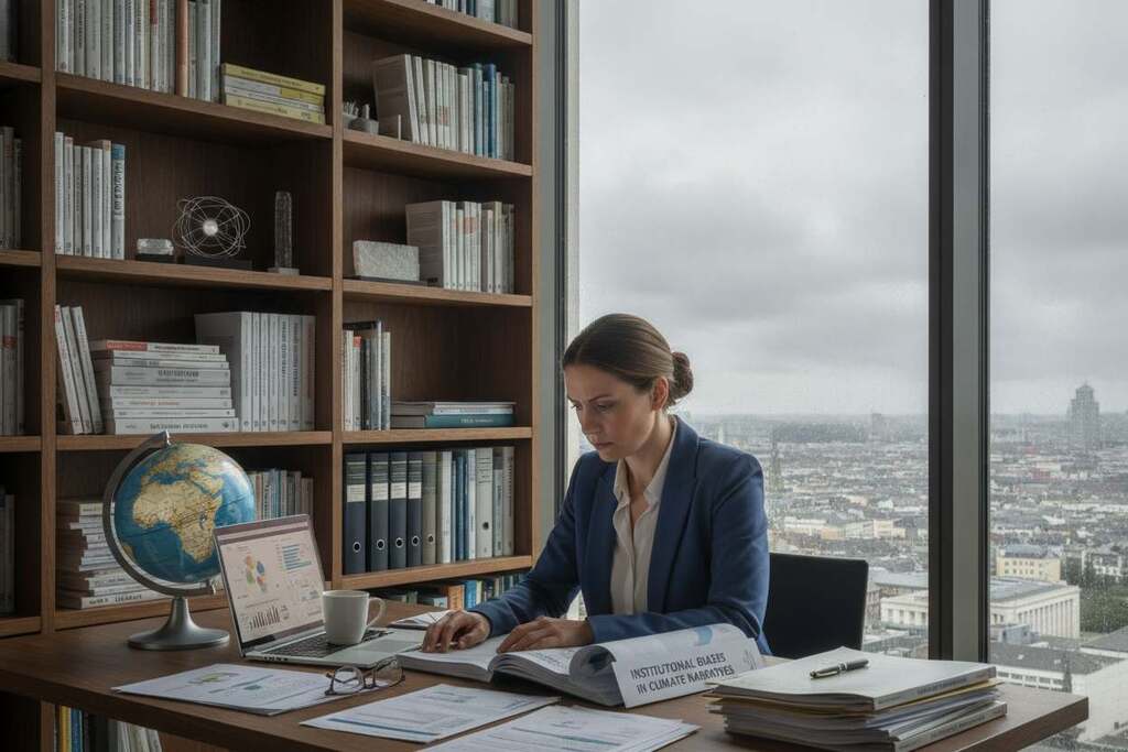A European researcher analyzing climate data sits at a modern desk cluttered with IPCC reports and political summaries. The foreground shows a neatly organized workspace featuring stacks of documents, a laptop, and a globe, symbolizing global awareness. In the middle ground, a bookshelf filled with scientific texts and climate models suggests a depth of knowledge. The background features a large window revealing a cityscape under a cloudy sky, conveying the urgency of climate issues. Soft, natural light streams through the window, creating a contemplative atmosphere. The researcher, dressed in professional attire, thoughtfully examines a report, embodying dedication to environmental science. The overall mood is serious and focused, inviting a deeper understanding of climate narratives and institutional biases. A European researcher analyzing climate data sits at a modern desk cluttered with IPCC reports and political summaries. The foreground shows a neatly organized workspace featuring stacks of documents, a laptop, and a globe, symbolizing global awareness. In the middle ground, a bookshelf filled with scientific texts and climate models suggests a depth of knowledge. The background features a large window revealing a cityscape under a cloudy sky, conveying the urgency of climate issues. Soft, natural light streams through the window, creating a contemplative atmosphere. The researcher, dressed in professional attire, thoughtfully examines a report, embodying dedication to environmental science. The overall mood is serious and focused, inviting a deeper understanding of climate narratives and institutional biases.