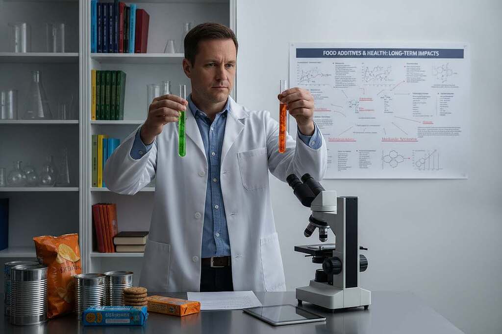 A European scientist in a modern laboratory, examining test tubes filled with colorful chemical additives, reflecting the long-term effects of food additives on health. In the foreground, a microscope and various food samples are placed on the lab bench, showcasing processed foods like packaged snacks and canned goods. The mid-ground features an intricate chart on the wall displaying research findings on health risks associated with additives, illuminated by soft, diffused laboratory lighting that casts gentle shadows. In the background, shelves filled with scientific books and equipment create a sense of depth and professionalism. The mood is serious yet focused, emphasizing research gaps and the ongoing quest for understanding the implications of food additives on human health.