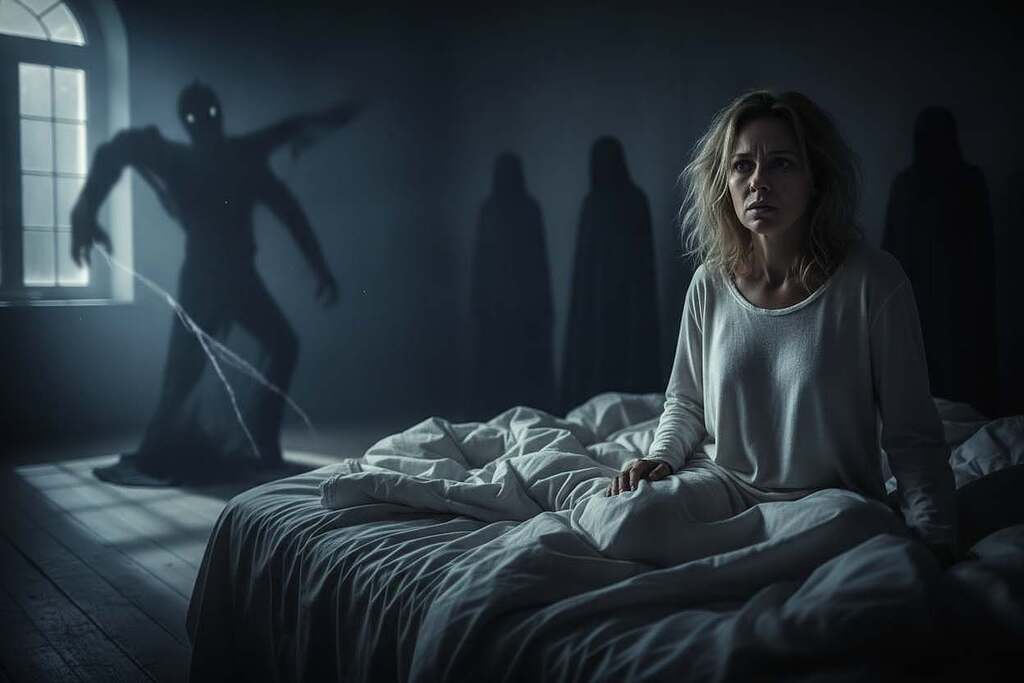 A European woman, dressed in modest sleepwear, is sitting upright in a dimly lit bedroom filled with shadows and a sense of unease. Her face is etched with anxiety as she looks towards an ominous shadow looming in the corner, representing a nightmare. The bed is unkempt, with rumpled sheets, suggesting a restless night. In the background, eerie silhouettes of dark figures hint at feelings of fear and uncertainty. Soft moonlight filters through a window, creating a stark contrast between light and dark, enhancing the tension in the scene. The overall atmosphere is haunting yet captivating, evoking the inner turmoil associated with nightmares. The use of a shallow depth of field focuses on the woman's expression, emphasizing her distress in this emotionally charged moment.