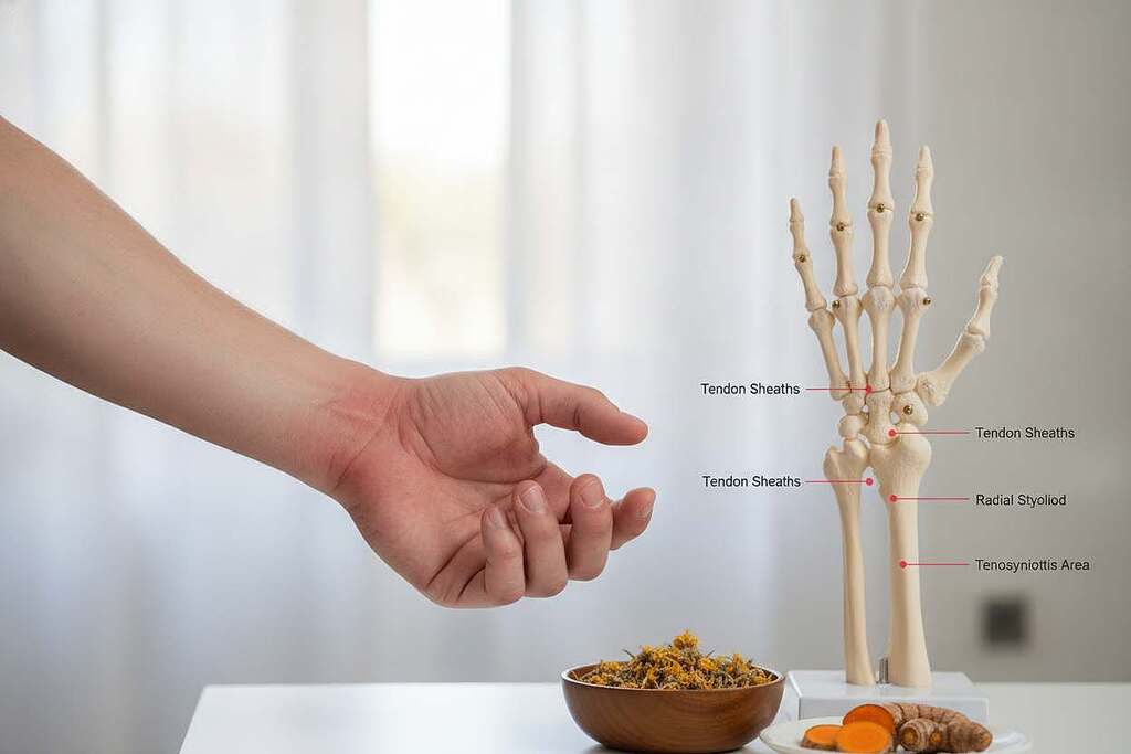 A focused image illustrating the symptoms of tenosynovitis, featuring a close-up of a European man's hand, highlighting swelling around the wrist joint. The fingers are gently flexed to express subtle discomfort, emphasizing the painful sensation of movement. In the background, soft natural lighting filters through a serene, softly blurred environment, such as a home or clinic, to enhance the calming effect. The foreground showcases an anatomical model of a wrist with labels indicating the areas affected by tenosynovitis, complemented by a few herbal remedies placed nearby, like arnica and turmeric, symbolizing natural treatment options. This composition aims to evoke a sense of understanding and empathy towards those experiencing tendon and nerve pain. A focused image illustrating the symptoms of tenosynovitis, featuring a close-up of a European man's hand, highlighting swelling around the wrist joint. The fingers are gently flexed to express subtle discomfort, emphasizing the painful sensation of movement. In the background, soft natural lighting filters through a serene, softly blurred environment, such as a home or clinic, to enhance the calming effect. The foreground showcases an anatomical model of a wrist with labels indicating the areas affected by tenosynovitis, complemented by a few herbal remedies placed nearby, like arnica and turmeric, symbolizing natural treatment options. This composition aims to evoke a sense of understanding and empathy towards those experiencing tendon and nerve pain.