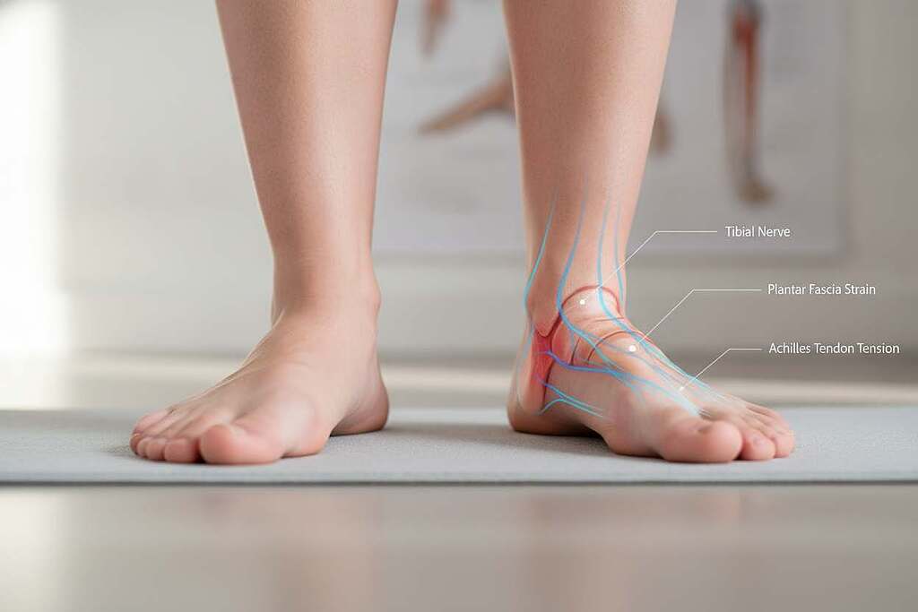 A focused image of European feet demonstrating various foot deformities, including flat feet and pronated arches (Knickfuß), positioned on a neutral background that emphasizes the foot's structure. In the foreground, a close-up of the feet illustrates the unique shapes of the arches and alignment, showcasing how these conditions affect weight distribution and posture. The middle ground can feature subtle illustrations or anatomical diagrams indicating stress points and relationships with nerves and tendons. The background should be softly blurred to draw attention to the feet, highlighted by natural lighting that showcases texture and color. The overall mood is clinical yet approachable, aiming to educate viewers about foot health and its implications on mobility and pain. A focused image of European feet demonstrating various foot deformities, including flat feet and pronated arches (Knickfuß), positioned on a neutral background that emphasizes the foot's structure. In the foreground, a close-up of the feet illustrates the unique shapes of the arches and alignment, showcasing how these conditions affect weight distribution and posture. The middle ground can feature subtle illustrations or anatomical diagrams indicating stress points and relationships with nerves and tendons. The background should be softly blurred to draw attention to the feet, highlighted by natural lighting that showcases texture and color. The overall mood is clinical yet approachable, aiming to educate viewers about foot health and its implications on mobility and pain.
