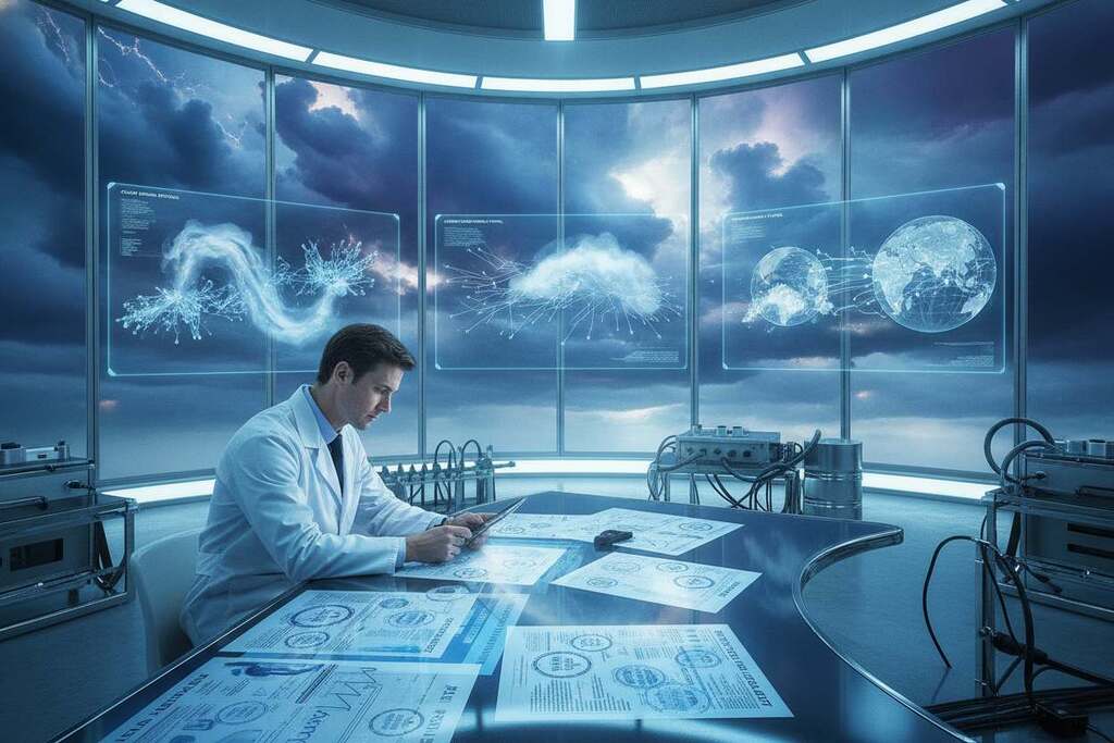A futuristic laboratory setting focused on the theme of "patent literature and atmospheric manipulation." In the foreground, a European scientist in professional attire reviews multiple technical documents spread out on a sleek desk. The middle ground features advanced holographic displays showcasing diagrams of geoengineering models, including cloud seeding and chemtrail technologies. In the background, large windows reveal a dramatic sky with swirling clouds, hinting at atmospheric manipulation in progress. The lighting is bright and clinical, highlighting the high-tech environment, with cool tones enhancing the scientific atmosphere. The overall mood is serious and innovative, capturing the essence of research and development in geoengineering applications.