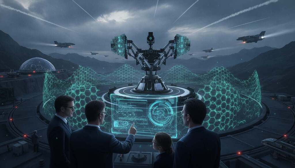 A futuristic military command center with advanced radar technology and energy shields. In the foreground, a diverse group of European scientists in professional attire examines a holographic display showcasing radar range extension capabilities. In the middle ground, a sleek, high-tech radar installation with glowing interfaces emits a blue-green light, surrounded by energy shields that ripple with electromagnetic waves. The background features a cloudy sky, hinting at the presence of chemtrails. The scene is illuminated with dynamic lighting, emphasizing the high-tech atmosphere and creating a sense of urgency. The composition captures the blend of military precision and cutting-edge technological innovation.