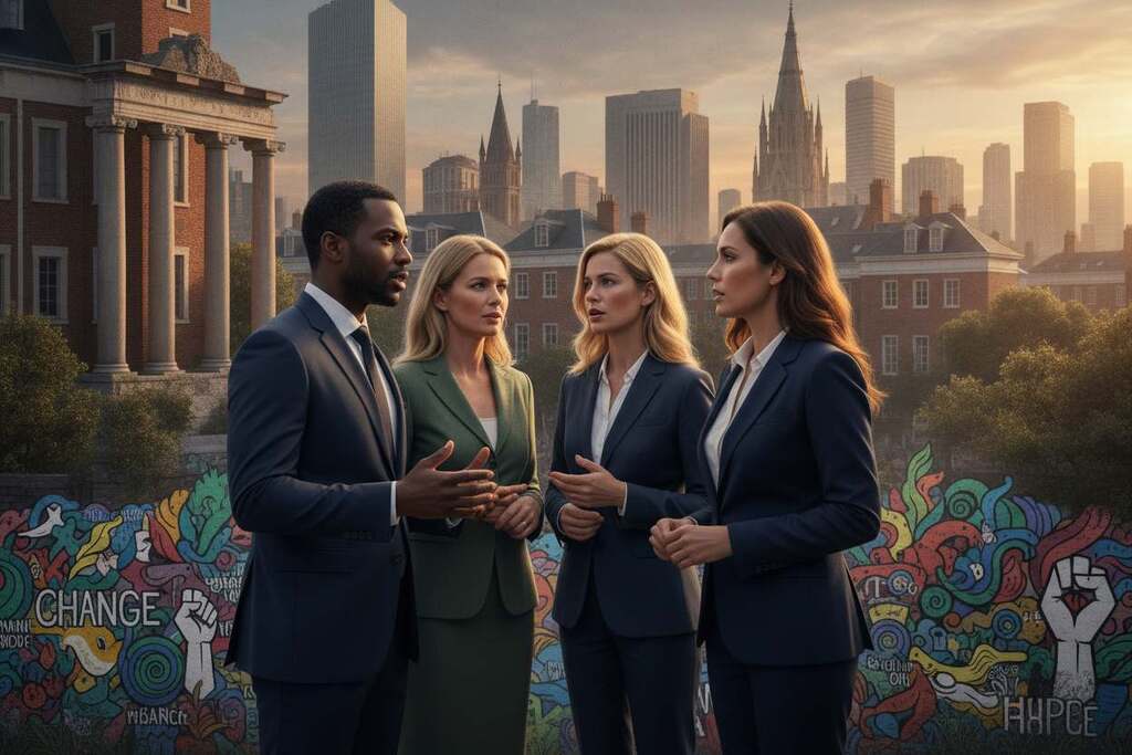 A group of diverse European activists stands at the forefront, passionately engaged in discussion. They wear professional business attire, exuding a sense of purpose and determination. In the mid-ground, a cityscape hints at societal change, with colorful graffiti art symbolizing protest and hope on nearby walls. The background features a stylized skyline, merging modern architecture with historical elements, representing the clash between tradition and progress. The lighting is soft yet dramatic, illuminating the faces of the activists, conveying their inner conflict and emotional intensity. The overall mood is one of urgency and reflection, highlighting the psychological aspects of societal activism in a modern context.