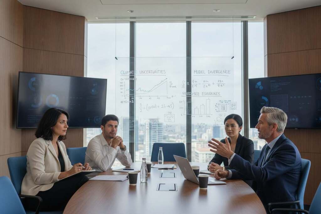 A group of European scientists engaged in a passionate discussion in a modern conference room. In the foreground, a middle-aged man in a smart business suit gestures while presenting his viewpoint, showcasing a sense of conviction. Beside him, a woman in professional attire takes notes, her expression thoughtful and contemplative. In the middle ground, a whiteboard filled with graphs and diagrams illustrates the complexities of climate science, symbolizing the discourse on scientific dissent. The background features large windows allowing natural light to diffuse into the room, creating a bright, open atmosphere. Soft shadows enhance the mood of focus and seriousness, while the overall color palette combines cool blues and warm wood tones, emphasizing a professional yet inviting environment. A group of European scientists engaged in a passionate discussion in a modern conference room. In the foreground, a middle-aged man in a smart business suit gestures while presenting his viewpoint, showcasing a sense of conviction. Beside him, a woman in professional attire takes notes, her expression thoughtful and contemplative. In the middle ground, a whiteboard filled with graphs and diagrams illustrates the complexities of climate science, symbolizing the discourse on scientific dissent. The background features large windows allowing natural light to diffuse into the room, creating a bright, open atmosphere. Soft shadows enhance the mood of focus and seriousness, while the overall color palette combines cool blues and warm wood tones, emphasizing a professional yet inviting environment.