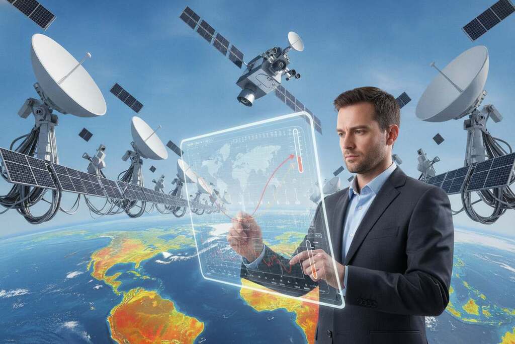 A high-tech satellite hovering in the atmosphere, capturing detailed satellite data of Earth's temperature patterns. In the foreground, a European scientist in professional attire is analyzing glowing digital temperature curves displayed on a transparent screen. In the middle ground, various satellite dishes and equipment are revealed, connected to a complex network that tracks climatic changes. The background features a clear blue sky transitioning to Earth below, showcasing diverse landscapes marked by heat variations. The lighting is bright and dynamic, highlighting the scientist's focused expression, while soft shadows create a sense of depth. The overall mood is one of urgency and innovation, reflecting the critical nature of climate data analysis. A high-tech satellite hovering in the atmosphere, capturing detailed satellite data of Earth's temperature patterns. In the foreground, a European scientist in professional attire is analyzing glowing digital temperature curves displayed on a transparent screen. In the middle ground, various satellite dishes and equipment are revealed, connected to a complex network that tracks climatic changes. The background features a clear blue sky transitioning to Earth below, showcasing diverse landscapes marked by heat variations. The lighting is bright and dynamic, highlighting the scientist's focused expression, while soft shadows create a sense of depth. The overall mood is one of urgency and innovation, reflecting the critical nature of climate data analysis.