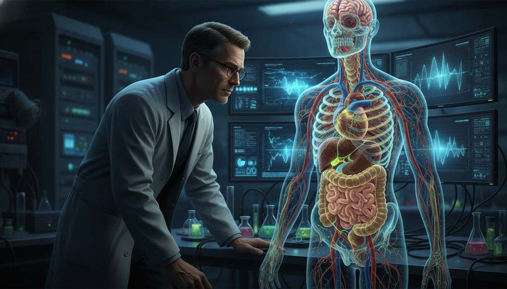 A highly detailed illustration of human bioluminescence within the body, focusing on vibrant light signals illuminating metabolic processes. In the foreground, a European scientist in professional attire is observing a glowing anatomical model, showcasing the intricate network of veins and organs that emit soft, ethereal light. The middle ground features a dark laboratory environment with high-tech monitors displaying biological data and luminous energy waves emanating from specific areas of the model. In the background, blurred shadows of advanced equipment hint at ongoing research. The lighting is dim and moody, with the glowing elements providing a stark contrast, enhancing the atmosphere of discovery and intrigue in the realm of biophotonics.
