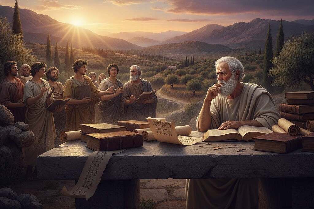 A majestic scene depicting the influence of Homer on philosophy and literature. In the foreground, an elegantly dressed ancient philosopher, resembling Socrates or Plato, sits contemplatively at a stone table, surrounded by scrolls and open books. In the middle ground, a diverse group of thinkers, including a poet and a historian, engage in animated discussion, emphasizing the lively exchange of ideas inspired by Homer's works. The background showcases a serene landscape inspired by ancient Greece, with olive trees and distant mountains, under a warm, golden sunset. The atmosphere is contemplative and inspiring, with soft lighting highlighting the philosophers' thoughtful expressions. Shot from a low angle to emphasize the depth of their discussions and the grandeur of their environment.
