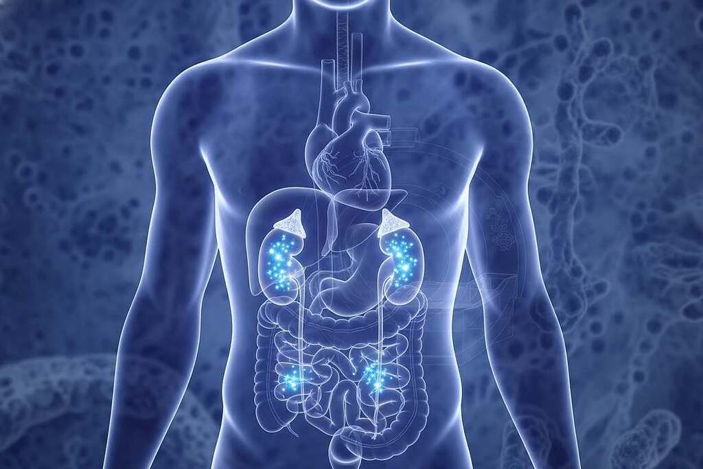 A medical illustration depicting "Gadolinium Deposits in the Body." In the foreground, a detailed, transparent representation of a human torso, showcasing internal organs with a focus on the kidneys and liver where gadolinium deposits are illustrated as bright, luminescent spots against a dark background, symbolizing the areas affected by the contrasting agent. In the middle ground, a subtle health-related imagery, such as a faint outline of an MRI machine to provide context. In the background, an abstract depiction of cells and tissues, slightly blurred, to emphasize the focus on the torso. The lighting is soft yet dramatic, highlighting the deposits, with a cool tone to evoke a clinical, informative atmosphere. The entire image should be devoid of any text or watermarks, presenting a clean and professional aesthetic. A medical illustration depicting "Gadolinium Deposits in the Body." In the foreground, a detailed, transparent representation of a human torso, showcasing internal organs with a focus on the kidneys and liver where gadolinium deposits are illustrated as bright, luminescent spots against a dark background, symbolizing the areas affected by the contrasting agent. In the middle ground, a subtle health-related imagery, such as a faint outline of an MRI machine to provide context. In the background, an abstract depiction of cells and tissues, slightly blurred, to emphasize the focus on the torso. The lighting is soft yet dramatic, highlighting the deposits, with a cool tone to evoke a clinical, informative atmosphere. The entire image should be devoid of any text or watermarks, presenting a clean and professional aesthetic.