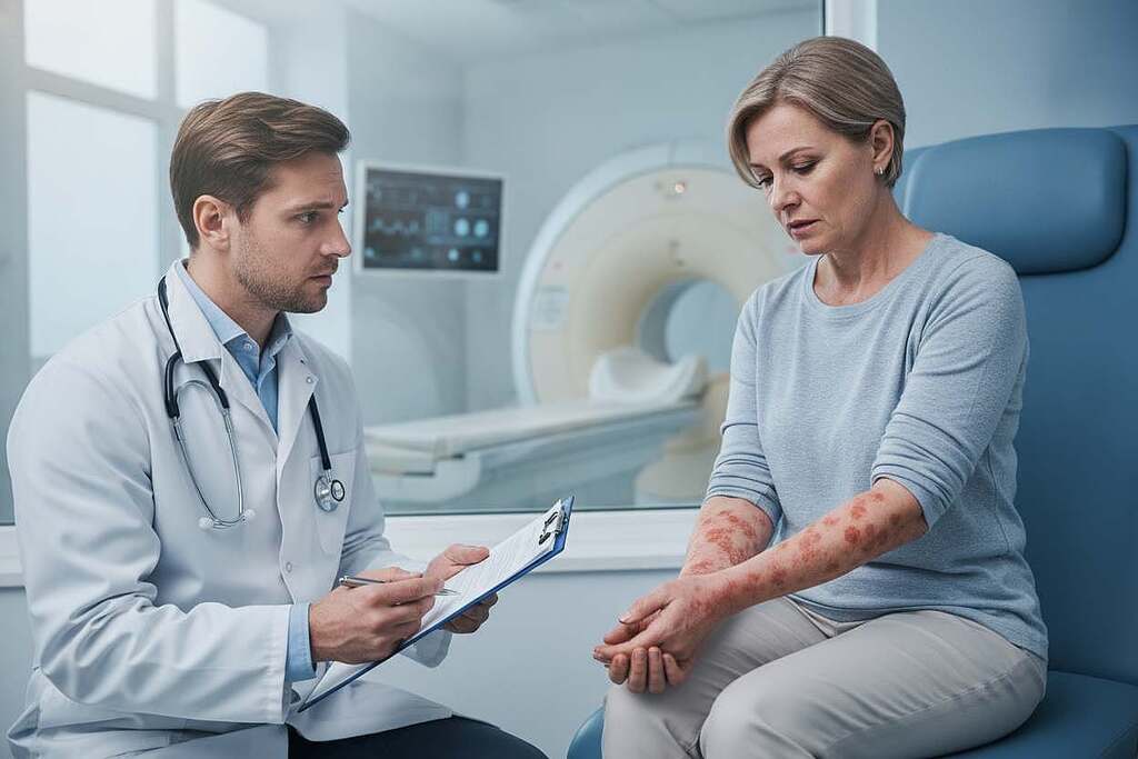 A medical professional, a European male doctor in a white lab coat, examines a patient, a middle-aged woman sitting in a clinical setting. The doctor holds a clipboard with a concerned expression, focused on the woman's symptoms, which include skin rashes and joint pain, visibly depicted on her arms and hands. The background portrays a well-lit MRI room, with medical equipment subtly in focus, enhancing the atmosphere of medical scrutiny and concern. Soft lighting filters in, creating a calm yet serious mood, while the angle captures the interaction between doctor and patient closely. The image avoids any text or distractions, emphasizing the seriousness of gadolinium exposure symptoms. A medical professional, a European male doctor in a white lab coat, examines a patient, a middle-aged woman sitting in a clinical setting. The doctor holds a clipboard with a concerned expression, focused on the woman's symptoms, which include skin rashes and joint pain, visibly depicted on her arms and hands. The background portrays a well-lit MRI room, with medical equipment subtly in focus, enhancing the atmosphere of medical scrutiny and concern. Soft lighting filters in, creating a calm yet serious mood, while the angle captures the interaction between doctor and patient closely. The image avoids any text or distractions, emphasizing the seriousness of gadolinium exposure symptoms.