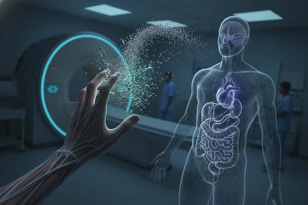 A medical-themed illustration depicting the concept of gadolinium toxicity. In the foreground, a close-up of a human hand reaching towards a representation of gadolinium, depicted as shimmering metallic particles, symbolizing its hazardous nature. In the middle ground, a stylized representation of the human body's internal organs, highlighting how gadolinium interacts with them, with a faint glow suggesting toxicity. The background features a dimly-lit hospital setting with MRI machines, conveying a clinical atmosphere. Soft, diffused lighting creates a somber mood, with a focus on the contrasting colors of metallic silver and dark blue. The angle is slightly tilted, providing a dynamic perspective that enhances the urgency of the subject. A medical-themed illustration depicting the concept of gadolinium toxicity. In the foreground, a close-up of a human hand reaching towards a representation of gadolinium, depicted as shimmering metallic particles, symbolizing its hazardous nature. In the middle ground, a stylized representation of the human body's internal organs, highlighting how gadolinium interacts with them, with a faint glow suggesting toxicity. The background features a dimly-lit hospital setting with MRI machines, conveying a clinical atmosphere. Soft, diffused lighting creates a somber mood, with a focus on the contrasting colors of metallic silver and dark blue. The angle is slightly tilted, providing a dynamic perspective that enhances the urgency of the subject.