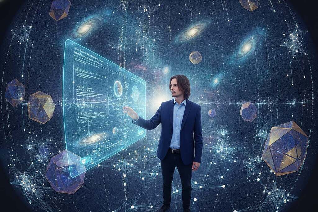 A mesmerizing visualization of the holographic principle, featuring an abstract landscape with floating data streams and luminous geometric shapes, representing the essence of reality as information. In the foreground, a European person in smart casual clothing interacts with a translucent, glowing holographic display, projecting complex mathematical equations and 3D models of the universe. The middle ground showcases a network of interconnected digital nodes, pulsating with light, illustrating the interconnectedness of all things. The background features a cosmic scene with starry skies and swirling galaxies, creating an ethereal atmosphere. Soft, diffuse lighting casts gentle glows on surfaces, enhancing the surreal quality, while a slight fisheye lens effect gives depth. The overall mood is contemplative and thought-provoking, inviting viewers to ponder the nature of existence.