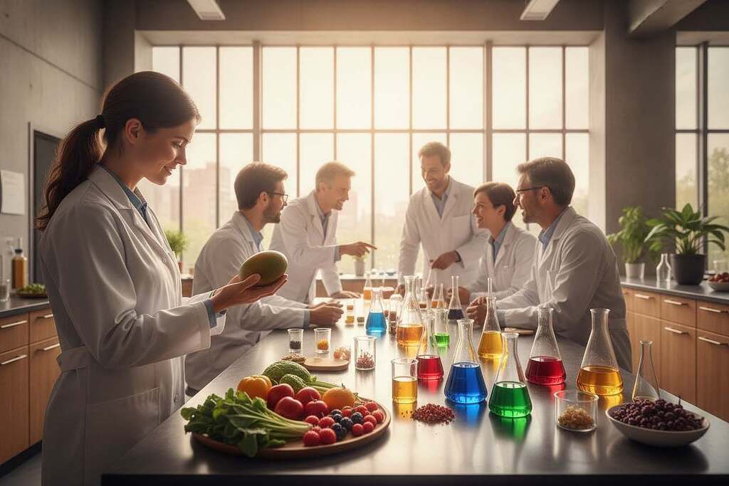 A modern laboratory setting, featuring a diverse group of European scientists immersed in food chemistry research. In the foreground, a female scientist in a white lab coat examines colorful, natural food ingredients like vibrant fruits and vegetables, showcasing natural alternatives to synthetic additives. In the middle ground, a sleek laboratory table is cluttered with glass beakers filled with vibrant natural extracts and innovative food products. In the background, large windows illuminate the lab with warm, natural sunlight, enhancing the sense of innovation and forward-thinking in food chemistry. The mood is optimistic and collaborative, representing creativity and progress in exploring healthier alternatives to artificial food additives. High-resolution, with a focus on detail and color.
