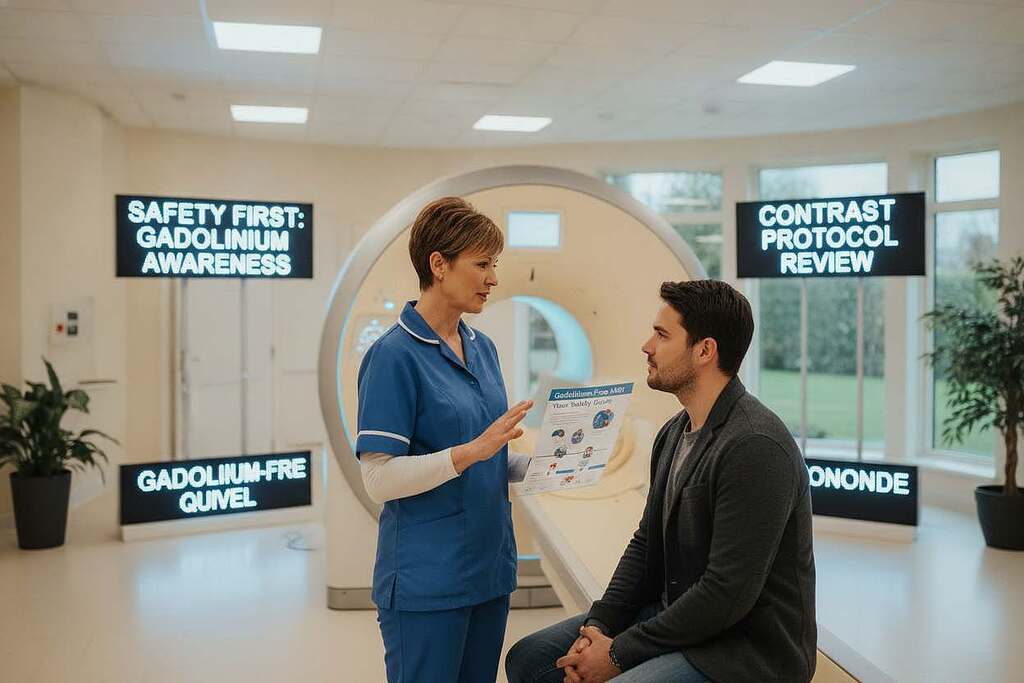 A modern medical environment focused on preventing Gadolinium exposure during MRI scans. In the foreground, a nurse in professional attire discusses with a patient, illustrating informed consent and safety measures. The nurse, a middle-aged European woman with short hair, is gesturing towards a health information brochure. In the middle ground, an MRI machine is visible, surrounded by clear signage emphasizing 'Safety First' and 'Gadolinium Awareness.' The background features a warm, brightly lit hospital room with soft, neutral-colored walls, creating a calm atmosphere. The lighting is bright yet soft, emphasizing professionalism and care. The overall mood is one of reassurance and education, emphasizing the importance of patient safety in medical imaging. A modern medical environment focused on preventing Gadolinium exposure during MRI scans. In the foreground, a nurse in professional attire discusses with a patient, illustrating informed consent and safety measures. The nurse, a middle-aged European woman with short hair, is gesturing towards a health information brochure. In the middle ground, an MRI machine is visible, surrounded by clear signage emphasizing 'Safety First' and 'Gadolinium Awareness.' The background features a warm, brightly lit hospital room with soft, neutral-colored walls, creating a calm atmosphere. The lighting is bright yet soft, emphasizing professionalism and care. The overall mood is one of reassurance and education, emphasizing the importance of patient safety in medical imaging.