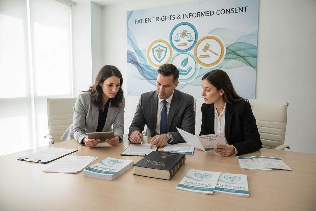 A modern medical office setting reflecting patient rights and legal aspects surrounding gadolinium-based contrast agents. In the foreground, a diverse group of three healthcare professionals, dressed in business attire, engage in a serious discussion about patient consent forms and information leaflets. The middle ground features a neatly organized conference table with medical brochures and legal documents related to Gadolinium. In the background, a large poster emphasizes patient rights, depicted artistically, with symbols representing health, law, and patient safety. The lighting is bright and professional, emphasizing clarity and trust. The camera angle is slightly above eye level, providing an overview of the meeting while maintaining a focus on the expressions of the healthcare professionals, conveying a mood of diligence and responsibility. A modern medical office setting reflecting patient rights and legal aspects surrounding gadolinium-based contrast agents. In the foreground, a diverse group of three healthcare professionals, dressed in business attire, engage in a serious discussion about patient consent forms and information leaflets. The middle ground features a neatly organized conference table with medical brochures and legal documents related to Gadolinium. In the background, a large poster emphasizes patient rights, depicted artistically, with symbols representing health, law, and patient safety. The lighting is bright and professional, emphasizing clarity and trust. The camera angle is slightly above eye level, providing an overview of the meeting while maintaining a focus on the expressions of the healthcare professionals, conveying a mood of diligence and responsibility.