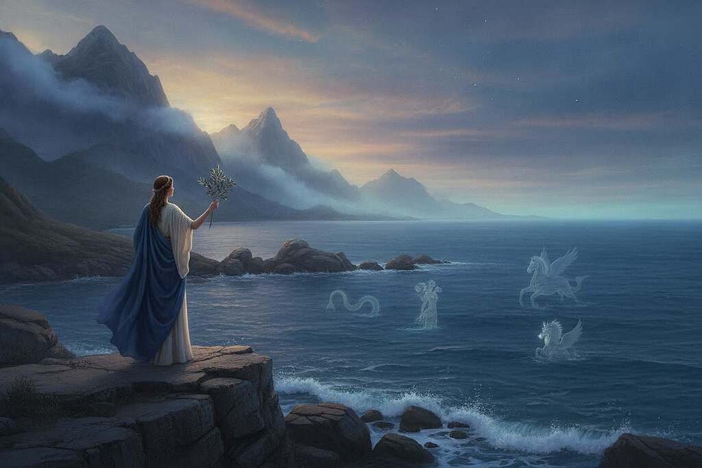A mystical landscape inspired by Homer’s epic themes, featuring a serene figure standing on a cliff edge, gazing into a vast ocean under a twilight sky. In the foreground, the figure, dressed in flowing ancient Greek-inspired robes, holds an olive branch as a symbol of peace and wisdom. The middle ground showcases gentle waves lapping against the rocks, with faint shapes of mythical creatures surfacing in the water, hinting at spiritual journeys. The background reveals distant mountains shrouded in mist, conveying a sense of mystery and exploration. The lighting is soft and ethereal, with warm hues blending into cool blues, creating a tranquil yet contemplative atmosphere. The overall mood reflects a quest for deeper meaning and connection to the spirit, capturing the essence of Homer’s exploration of the human condition.