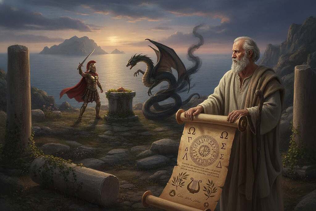 A mystical scene depicting the themes of identity and transformation in ancient literature, inspired by the Ilias and Odyssee. In the foreground, a wise philosopher dressed in modest, flowing robes stands beside a classical scroll, deep in thought, with intricate details on the parchment showcasing ancient Greek symbols. The middle ground features two contrasting figures: a hero, strong and determined, symbolizing the quintessential journey and transformation, and a mythical creature representing inner struggles and challenges. In the background, a serene sea with distant islands evokes a sense of exploration and discovery, under a twilight sky with soft, golden rays illuminating the scene. The atmosphere conveys a sense of philosophical contemplation and timeless wisdom, using a warm color palette and soft focus to evoke emotional depth.