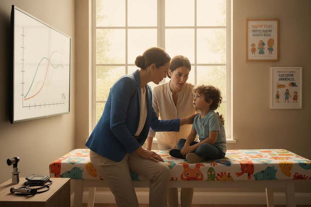 A pediatrician in a modern clinic, dressed in professional attire, examines a child sitting on a colorful examination table. The child looks curiously at a chart showing growth patterns, while a mother stands nearby, conveying concern. In the background, soft, natural light filters through large windows, casting a warm glow on the room filled with educational posters about pregnancy and growth risks. There are subtle medical tools and a stethoscope visible on a nearby shelf. The mood is thoughtful and serious, emphasizing the importance of understanding the risks of cortisone use in pediatric and pregnancy contexts. A warm color palette enhances the comforting atmosphere, making the scene engaging and informative.