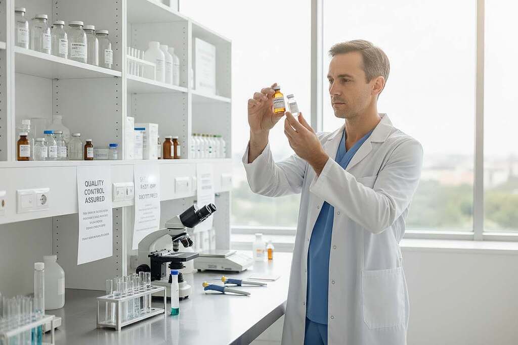 A professional European doctor in a white lab coat carefully examines vials of cortisone, surrounded by a modern laboratory setting. In the foreground, focus on the doctor holding a vial, with a microscope and various medical instruments on the table beside them. The middle ground features shelves filled with medical equipment and safety compliance posters emphasizing quality control. In the background, large windows allow soft, natural light to flood the space, creating a calm and trustworthy atmosphere. The overall mood is one of safety and professionalism, capturing the essence of careful monitoring in cortisone therapy. The image should be bright and well-lit, shot from a slightly elevated angle to encompass both the doctor and the laboratory environment.