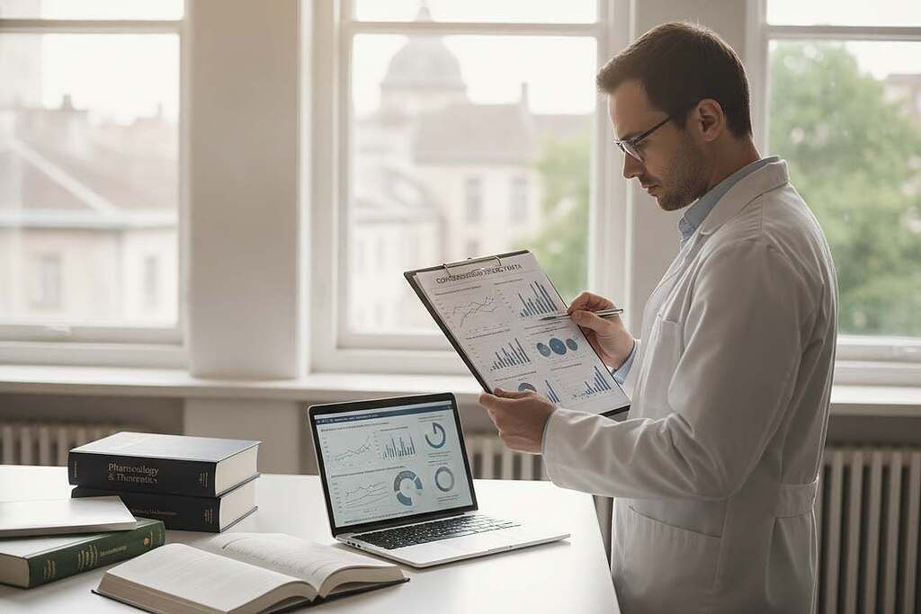 A professional European scientist in a lab coat, holding a clipboard and examining a chart filled with data on corticosteroid efficacy, stands in the foreground. In the middle, a modern laboratory workspace features opened medical textbooks and a laptop displaying graphs related to corticosteroid research. The background shows large windows with natural light filtering in, illuminating the workspace and adding a warm, academic atmosphere. The scene conveys a sense of scientific inquiry and evidence-based medicine, emphasizing the contrast between traditional treatments and modern practices. Soft, diffused lighting enhances the professional mood, with a slight depth of field focusing on the scientist and the materials in front of them. The overall composition reflects a commitment to research and scientific integrity.